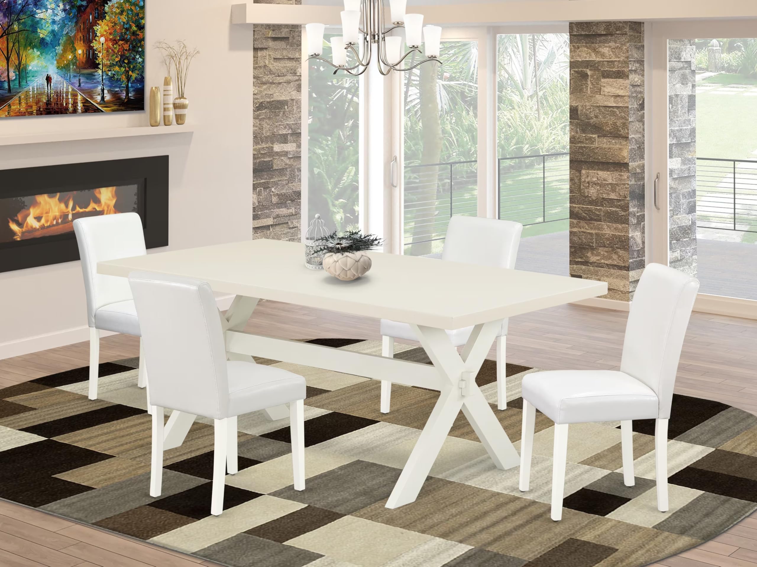 East West Furniture X027Ab264-5 5 Piece Dining Table Set Includes A Rectangle Dining Room Table With X-Legs And 4 White Faux Leather Parsons Chairs, 40X72 Inch, Multi-Color